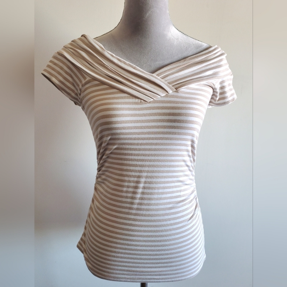 WHBM Tan Stripes Wrap Off-Shoulders Top
